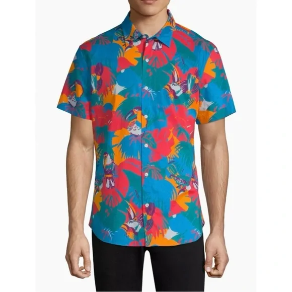 BONOBOS Coral Toucan Tropics Riviera Short Sleeve Button Down Shirt Blue Size M - Picture 1 of 11
